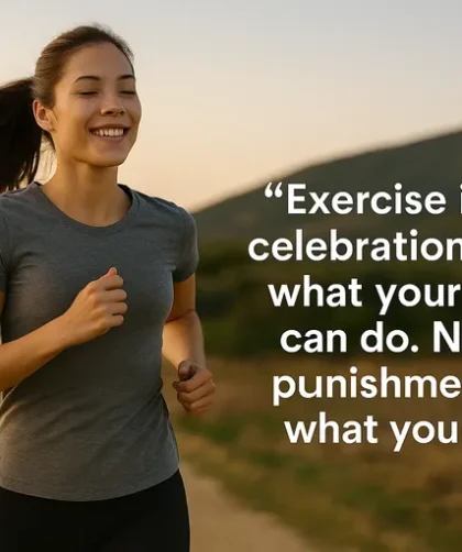 Woman jogging outdoors with motivational quote overlay about mental health and fitness