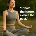 Woman doing yoga in nature with a calm quote about mindfulness and movement