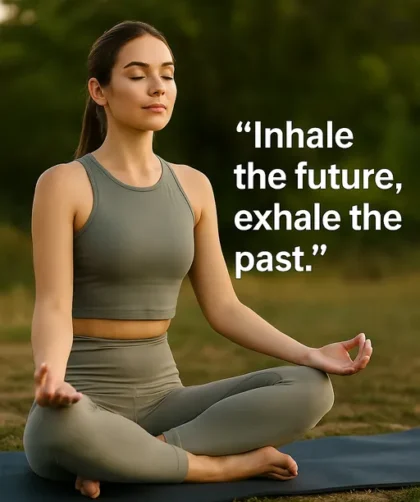 Woman doing yoga in nature with a calm quote about mindfulness and movement
