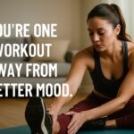 Woman stretching during home workout with fitness motivation quotes