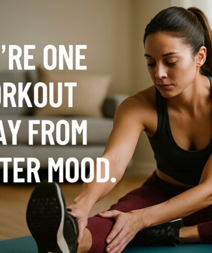 Woman stretching during home workout with fitness motivation quotes