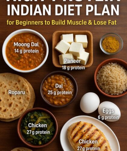 High-protein Indian food items like paneer, dal, eggs, and chicken on a wooden table